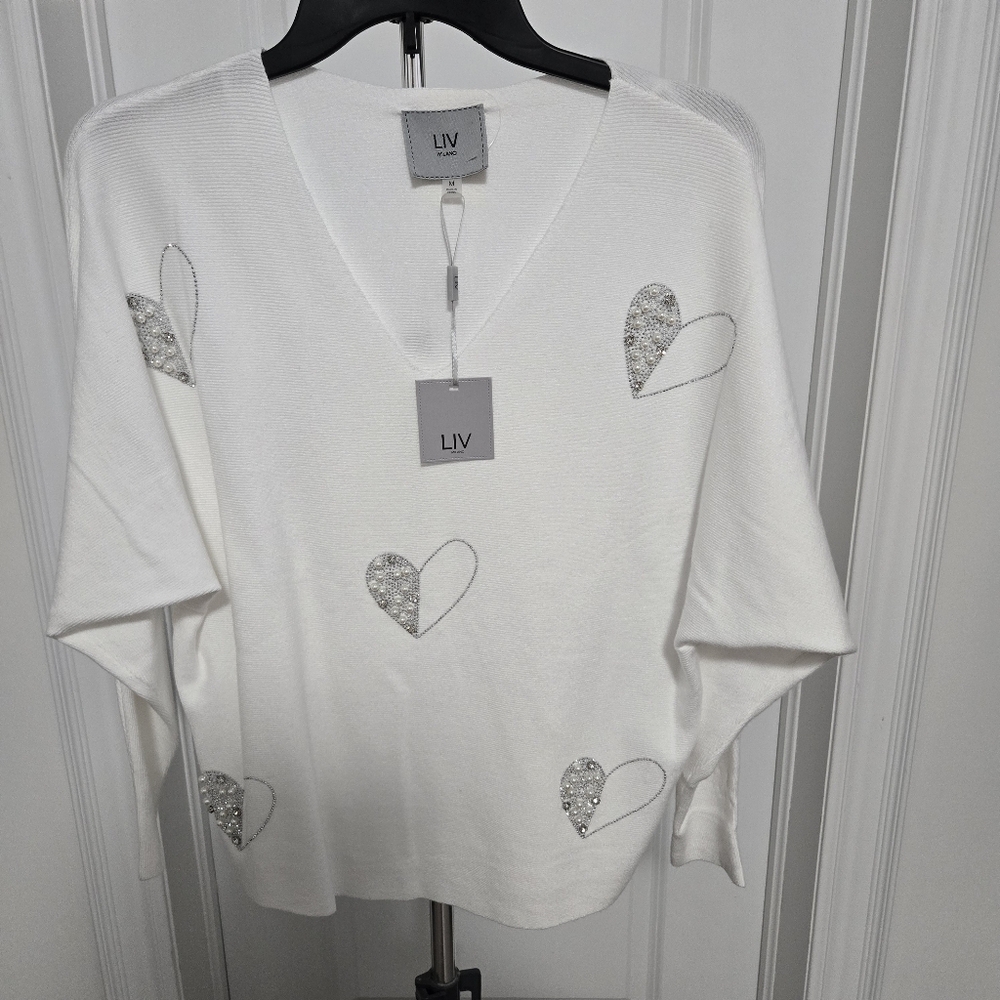 LIV White V-Neck Sweater with Silver Heart Accents
